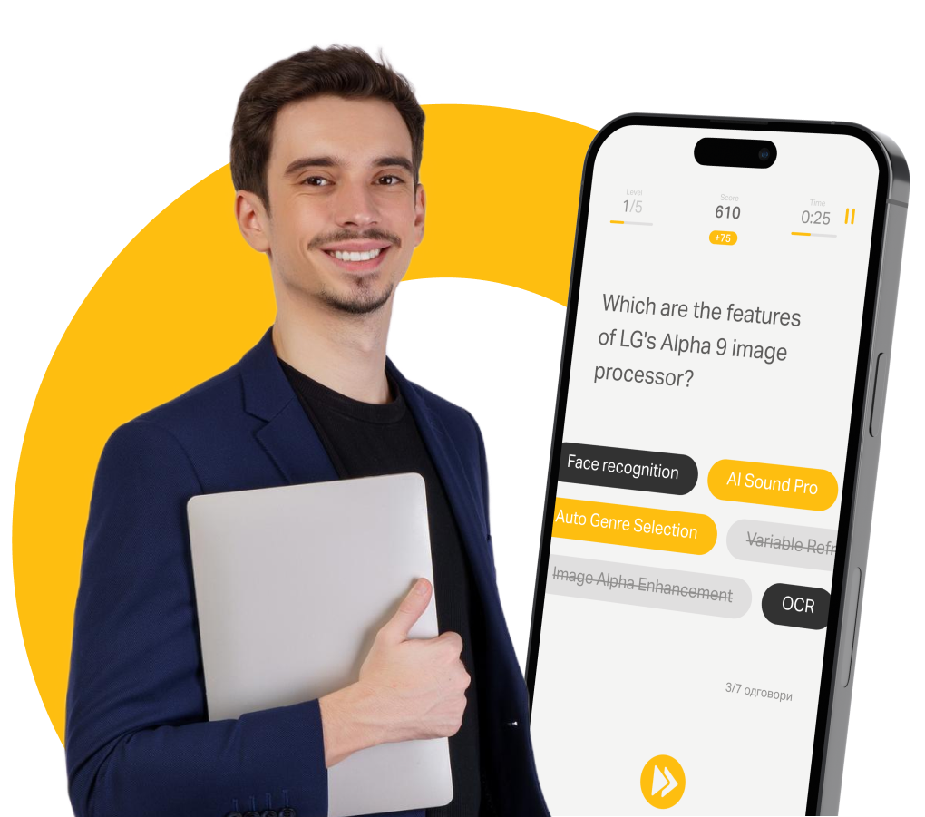 A man with a smartphone in front of the Coach Microlearning logo.