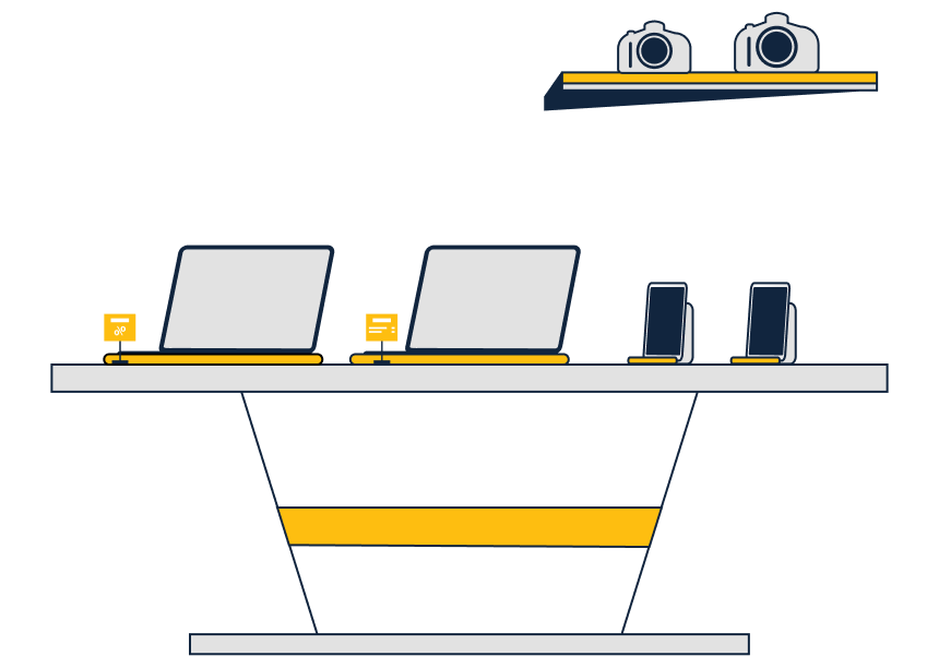 Illustration of a desk with two laptops, two smartphones and two cameras on a shelf.