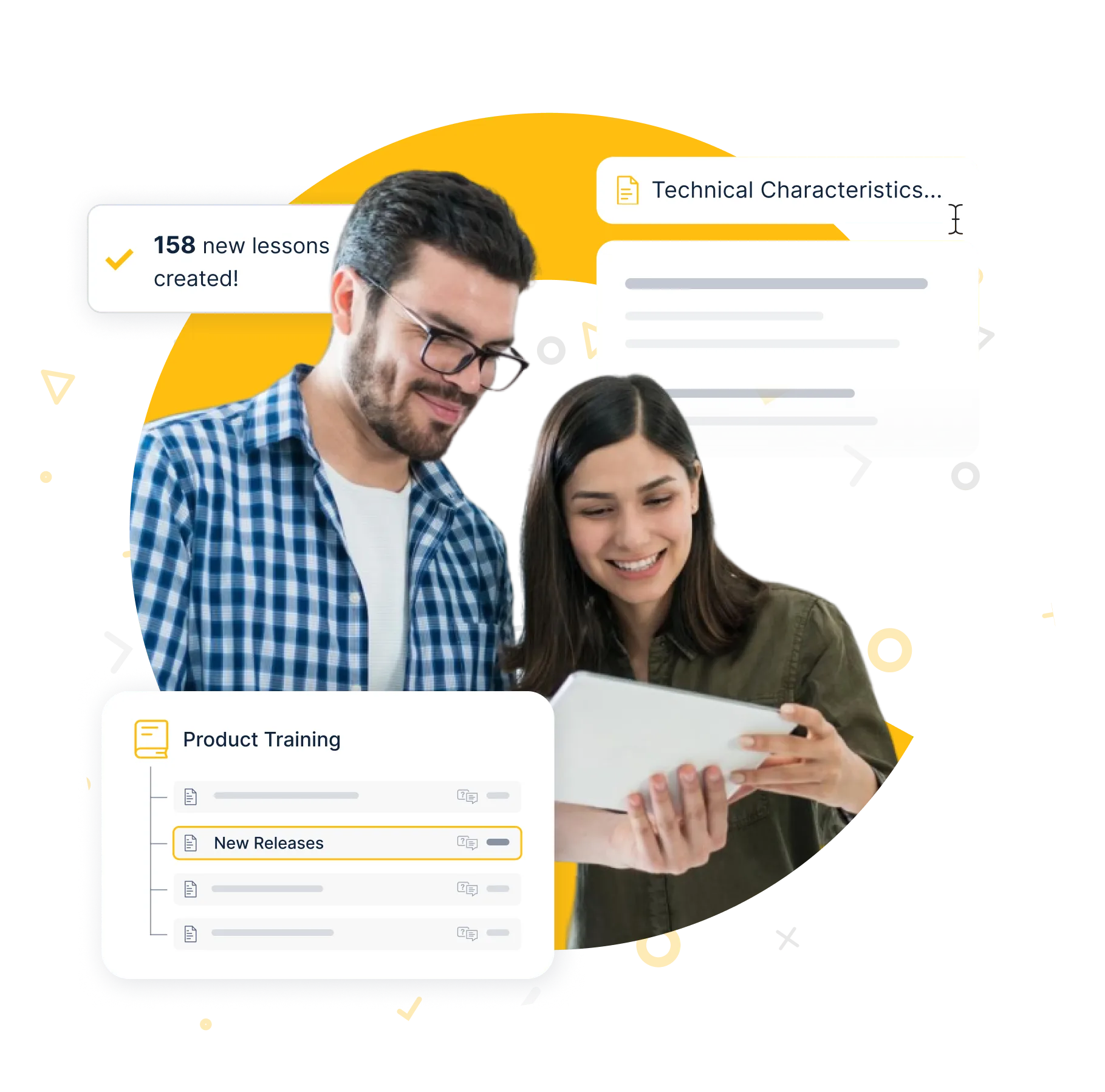 Man and woman using the Coach app on a tablet against a yellow background, with tooltips highlighting the Coach training creator feature.