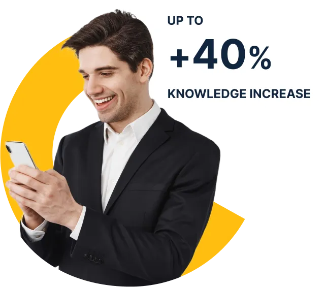 Man using the Coach app on a smartphone against a yellow background, with text stating '40% knowledge increase' beside him.